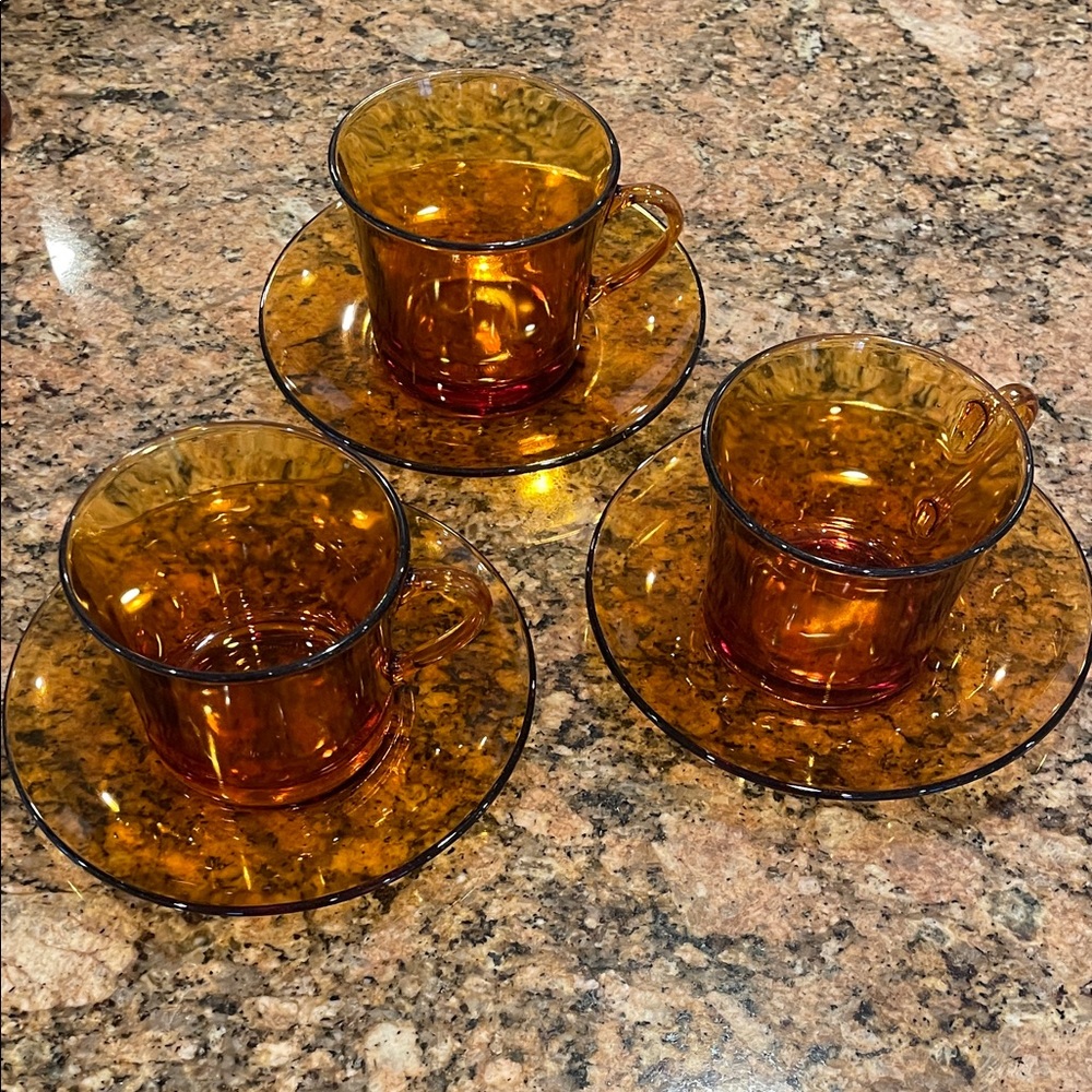 Vintage Duralex France set of 3 cups saucers tea coffee Amber glass